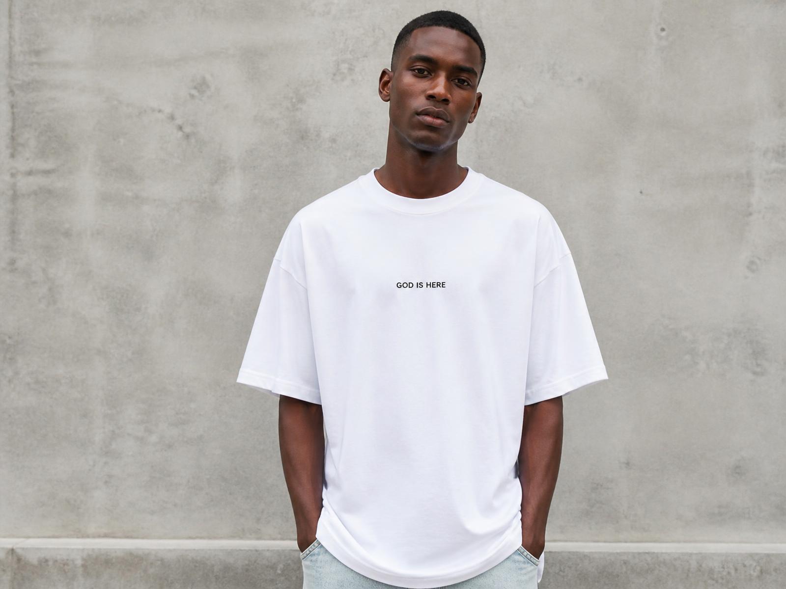 Man wearing the white GOD IS HERE tee